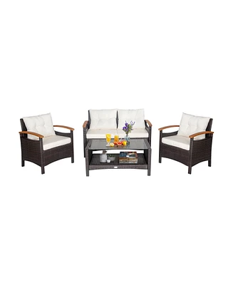 Gymax 4PCS Patio Conversation Set Rattan Sofa Furniture Set w/ Off White Cushions