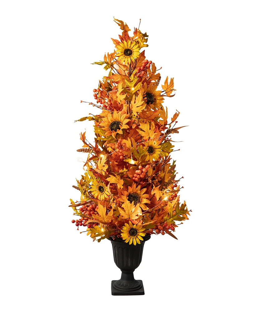 Glitzhome 48"H Fall Lighted Maple Leaf and Sunflower Urn Porch Tree with Timer