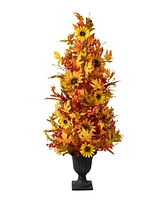 Glitzhome 48"H Fall Lighted Maple Leaf and Sunflower Urn Porch Tree with Timer
