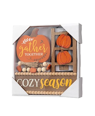 Glitzhome 10.75"L Set of 4 Fall Wooden Word Signs Tiered Tray Table Decor