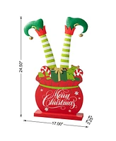 Glitzhome 24.5"H Christmas Wooden/Metal Elf Legs in Gift Box Porch Decor