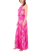 Msk Petite Pleated Gold-Print Gown