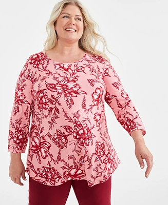 Jm Collection Plus Printed Scoop-Neck Top, Created for Macy's