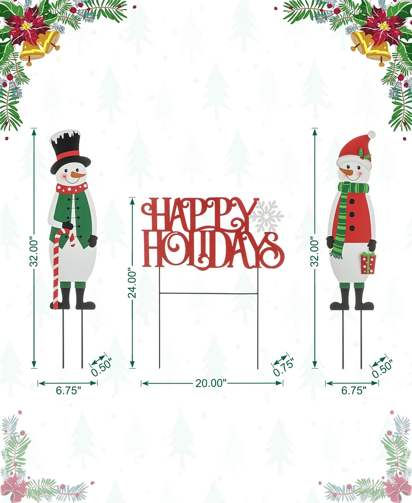 Glitzhome 32"H Set of 3 Christmas Metal Snowman and Happy Holidays Yard Stake