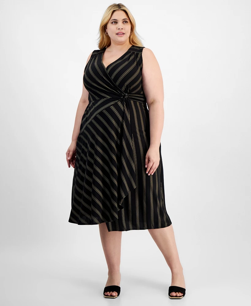 Robbie Bee Plus Striped Faux-Wrap Midi Dress