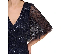 Adrianna Papell Women's Sequin Mesh Capelet-Sleeve Gown