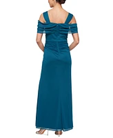 Alex Evenings Women's Embellished Draped Cold Shoulder Gown