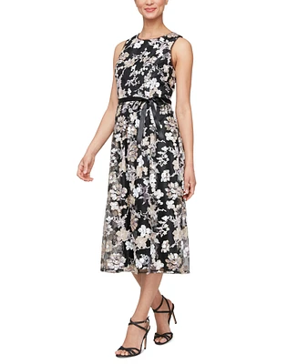 Alex Evenings Women's Sequin Floral Embroidered Sleeveless Fit & Flare Dress