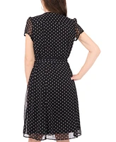 Msk Petite Dot-Print Split-Neck Short-Sleeve Dress