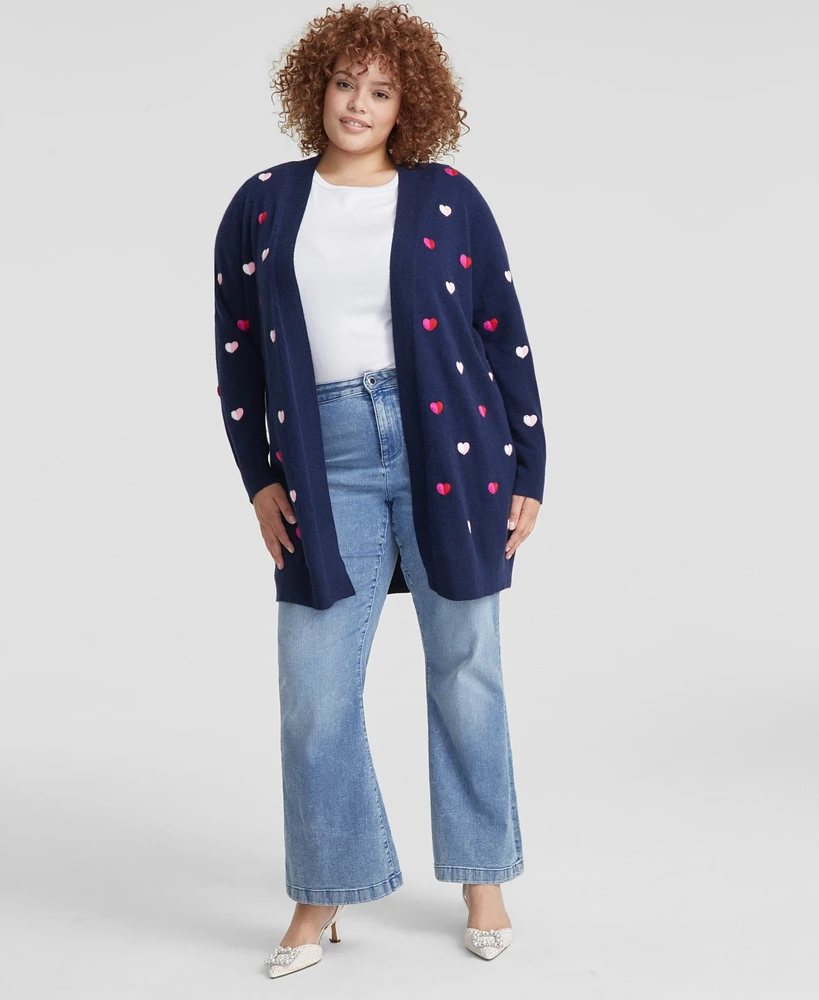 Charter Club Plus Cashmere Embroidered-Heart Cardigan, Created for Macy's