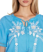 Belldini Women's Embroidered Tie-Neck Peasant Top