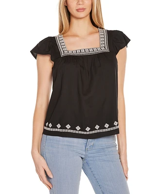 Belldini Women's Boho Embroidered Square Neck Top