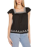 Belldini Women's Boho Embroidered Square Neck Top