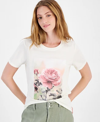 Rebellious One Juniors' Rose Photo Print Graphic T-Shirt