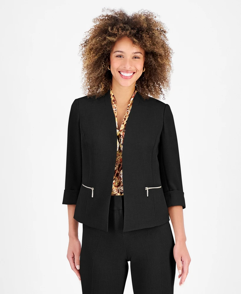 Kasper Petite Stretch-Crepe Zipper-Pocket Open-Front Cuffed Blazer