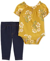 Carter's Baby Girls Floral-Print Bodysuit & Knit-Denim Pants, 2 Piece Set