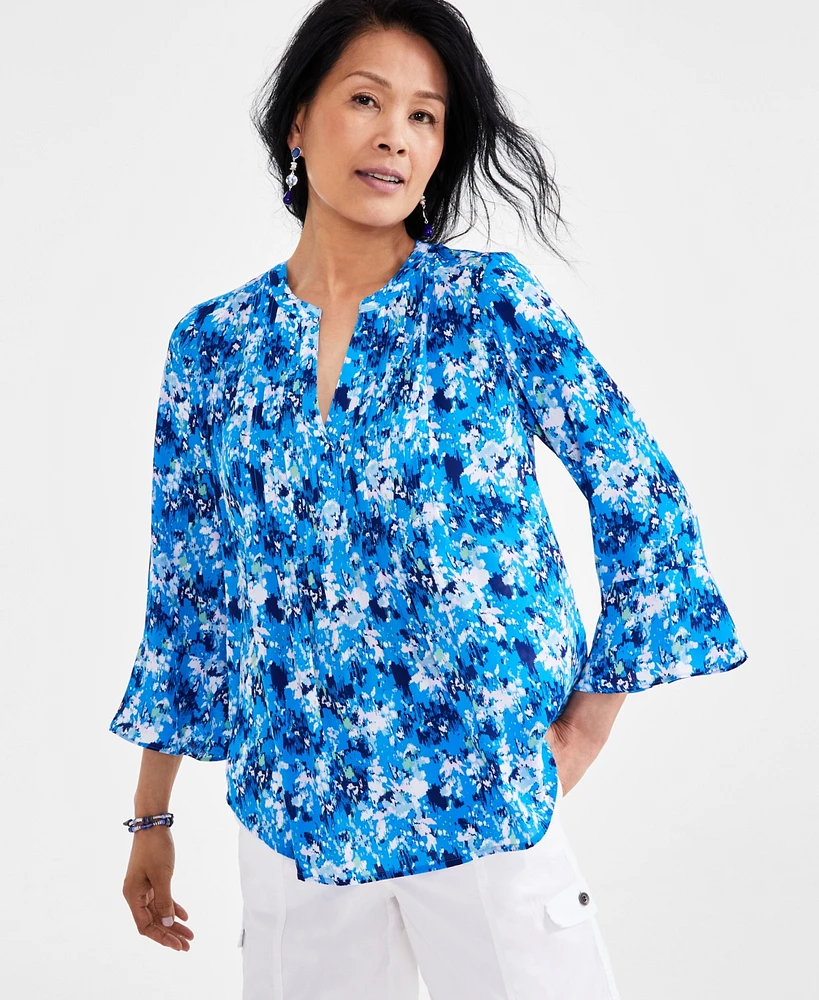 Style & Co Petite Printed 3/4-Sleeve Pintuck Top