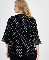 Kasper Plus Dot-Print Flutter-Sleeve Blouse