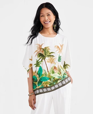 Jm Collection Petite Oasis Palm-Print Tassel-Trim-Sleeve Top, Created for Macy's