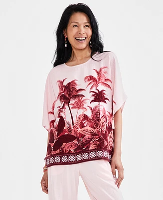 Jm Collection Petite Oasis Palm-Print Tassel-Trim-Sleeve Top, Created for Macy's