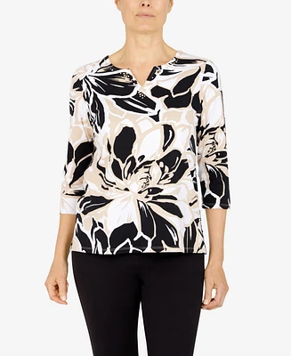 Alfred Dunner Women's Split Neck Plated Floral Top