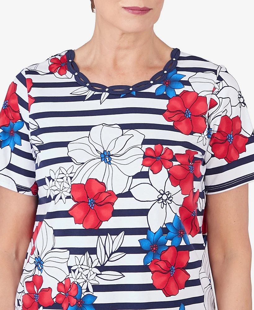 Alfred Dunner Women's Floral Stripe Braided Neck Tee