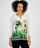 Jm Collection Women's Oasis Palm Chain-Trim Top, Created for Macy's