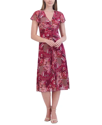 Jessica Howard Women's Printed V-Neck Ruched Midi Dress