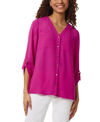 Jones New York Women's Collarless Rolltab-Sleeve Tunic