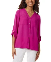 Jones New York Women's Collarless Rolltab-Sleeve Tunic