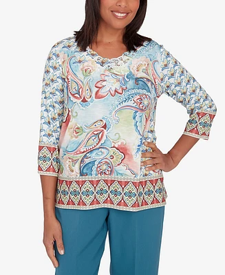 Alfred Dunner Petite Sedona Sky Embellished Medallion Paisley Top