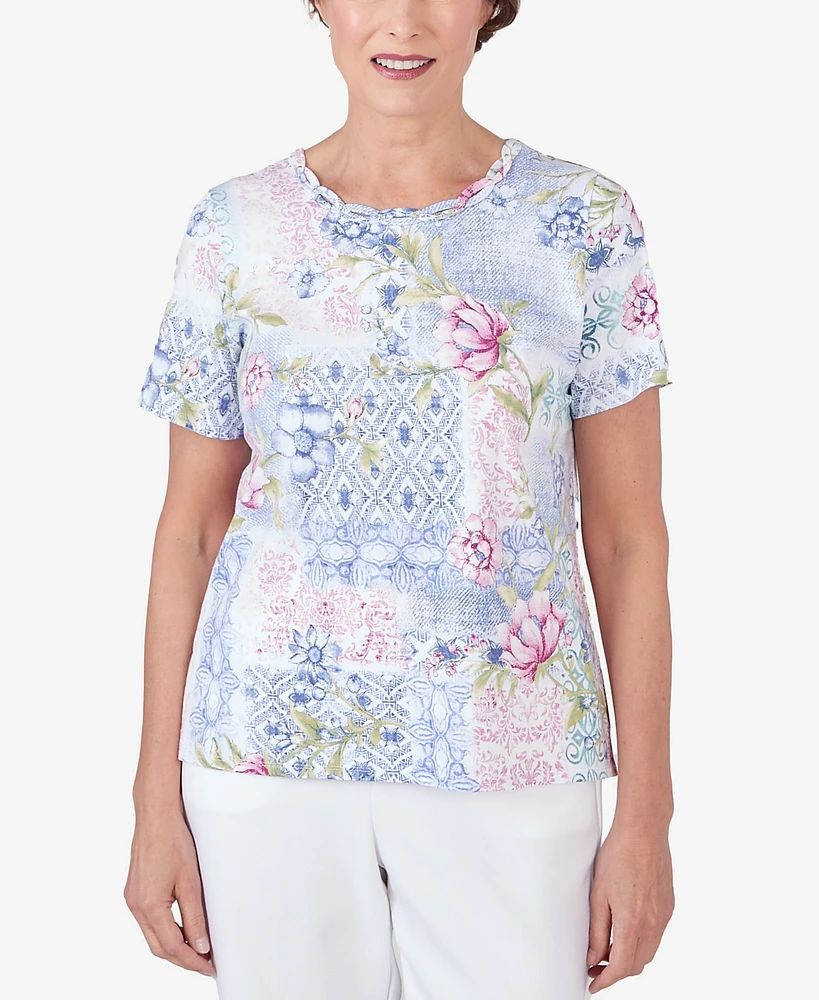 Alfred Dunner Petite Patchwork Floral Braided Neck Tee