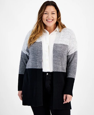 Style & Co Plus Size Turbo Moonlit Colorblocked Open-Front Cardigan, Created for Macy's