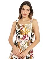 London Times Petite Split Square-Neck Printed Midi Dress