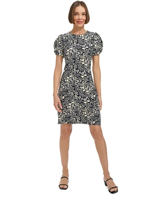 Tommy Hilfiger Petite Printed Round-Neck Ruched-Sleeve Dress