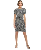 Tommy Hilfiger Petite Printed Round-Neck Ruched-Sleeve Dress