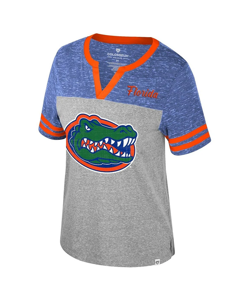 Colosseum Women's Heather Gray Florida Gators Kate Color block Notch Neck T-Shirt