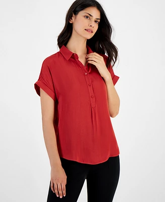 T Tahari Women's Cuffed Short-Sleeve Collared Top