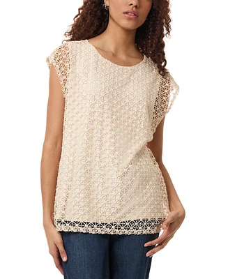 Jones New York Petite Round-Neck Drop-Shoulder Lace Top