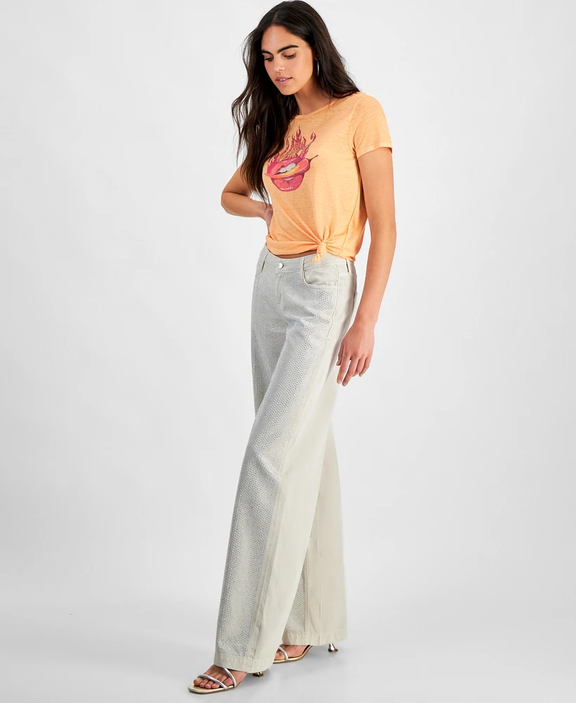 Guess Women's Embellished Mid Rise Wide Leg Jeans