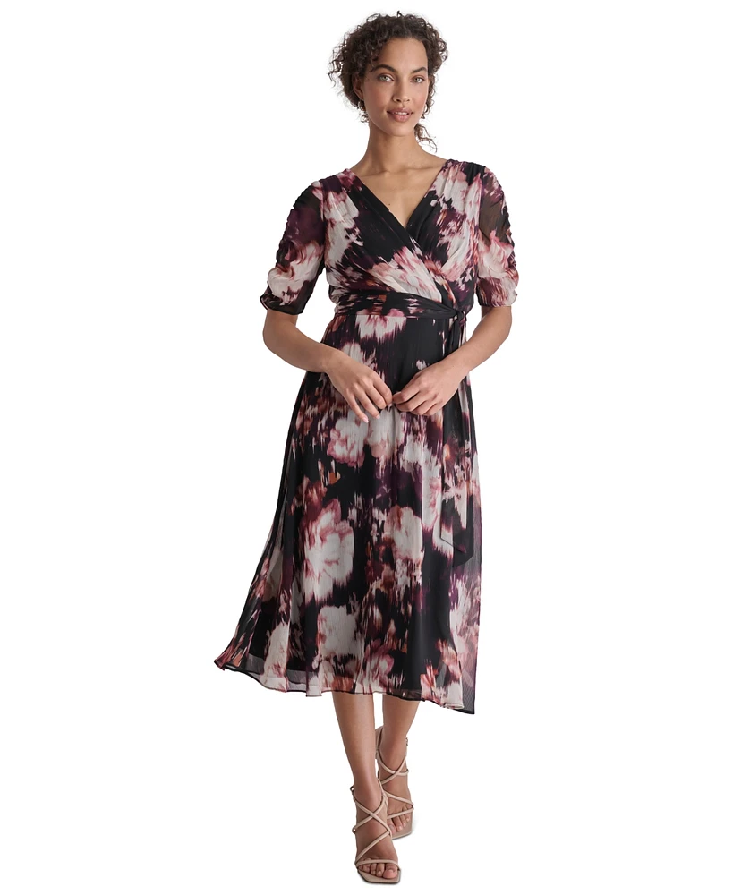 Dkny Petite Printed Ruched-Sleeve Tie-Waist Fit & Flare Dress