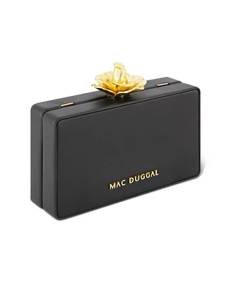 Mac Duggal Nappa Leather Gold Rose Detail Box Clutch Bag