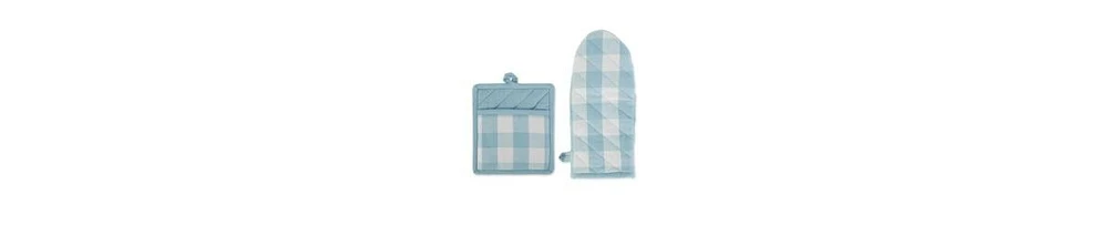 Design Imports Buffalo Check Kitchen Collection, Classic Farmhouse Kitchen Set, Potholder Oven Mitt, White Light Blue, 2 Piece