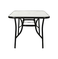 Emma+Oliver Tala Rectangular Tempered Glass Top Patio Table With Umbrella Hole And Black Steel Tube Frame