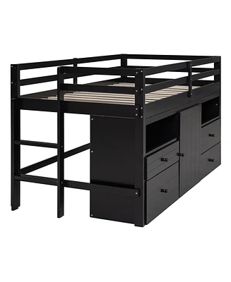Simplie Fun Twin Loft Bed With 4 Drawers, Underneath Cabinet And Shelves