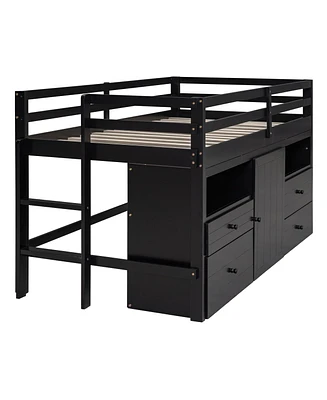 Simplie Fun Twin Loft Bed With 4 Drawers, Underneath Cabinet And Shelves, Espresso