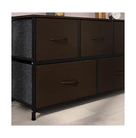 Emma+Oliver Marley 5 Drawer Storage Dresser With Cast Iron Frame, Wood Top, And Easy Pull Fabric Drawers Wooden Handles