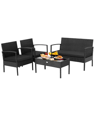 Gymax 4PCS Rattan Patio Conversation Set Outdoor Wicker Furniture Set w/ Cushions