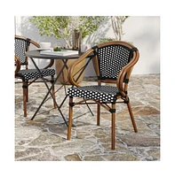 Merrick Lane Sacha Stacking Thonet Bistro Style Chair With Arms, Pe Rattan Seat, And Bamboo Finished Metal Frame For Indoor/Outdoor Use