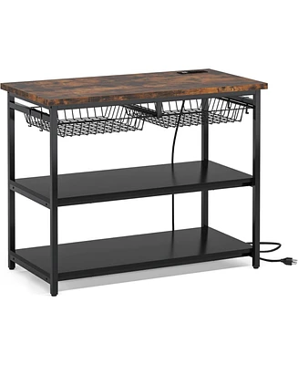 Tribesigns Kitchen Island with Storage, Industrial Island Table with Power Outlets and Wire Baskets, 3 Tier Microwave Oven Stand Butcher Block Island